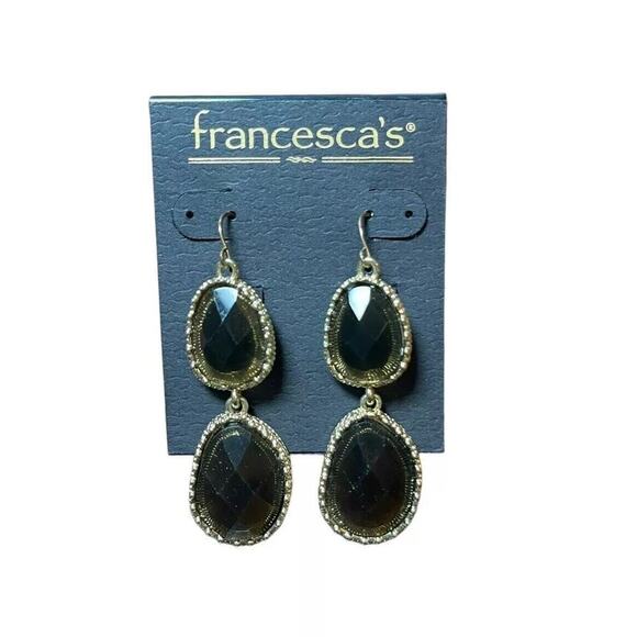 Francesca's Black Amber Rhinestone Teardrop Gold Tone Drop Dangle Earrings - Picture 1 of 4